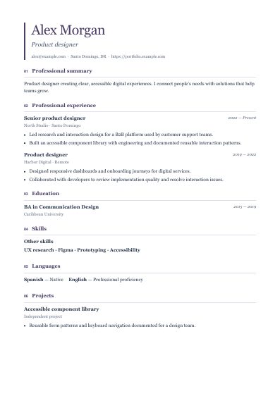 Academic resume template, first PDF page