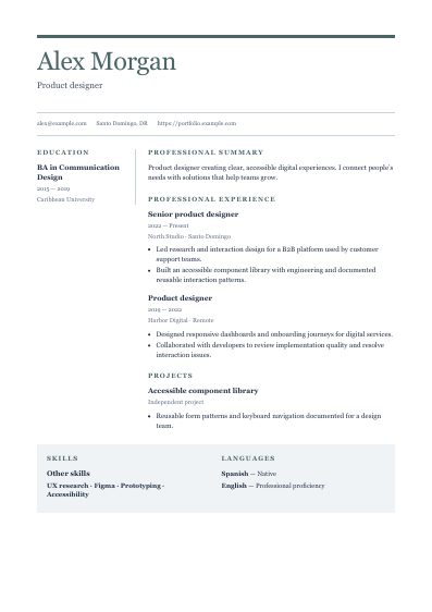 Alpine resume template, first PDF page