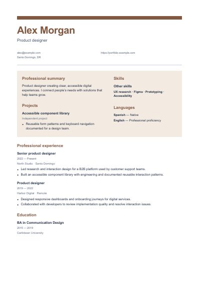 Artisan resume template, first PDF page