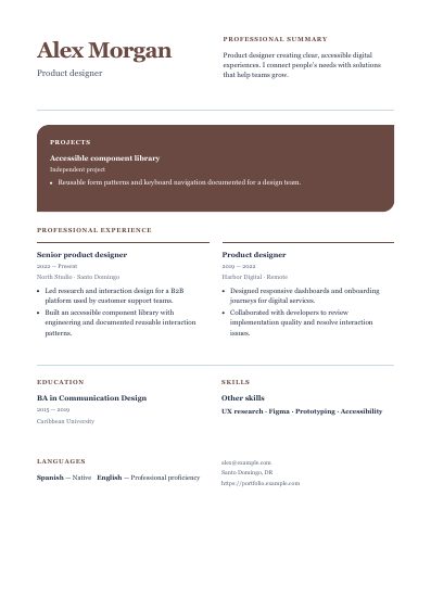 Atelier resume template, first PDF page