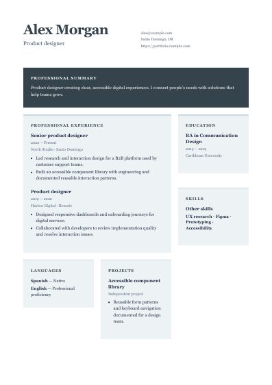 Boardroom resume template, first PDF page