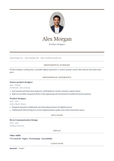 Cameo Classic resume template, first PDF page