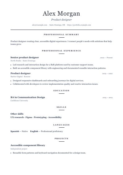Classic resume template, first PDF page