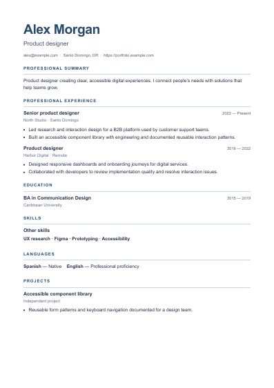 Clear resume template, first PDF page