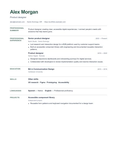 Compact resume template, first PDF page