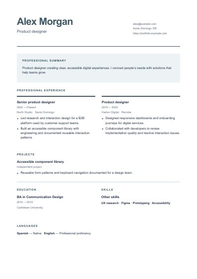 Contour resume template, first PDF page