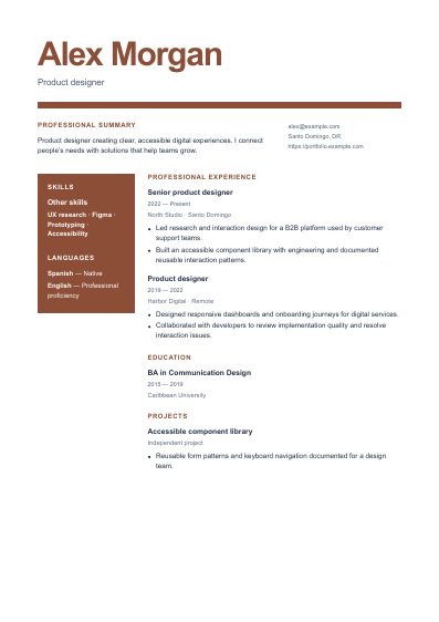 Ember resume template, first PDF page