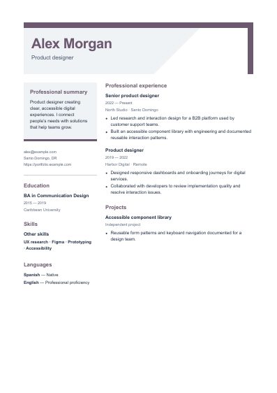 Facet resume template, first PDF page