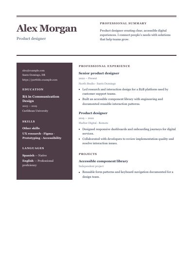 Folio resume template, first PDF page