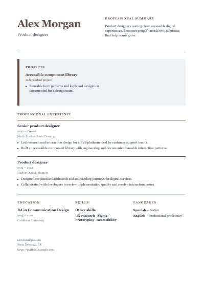 Galleria resume template, first PDF page