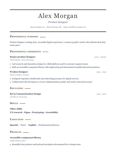 Heritage resume template, first PDF page