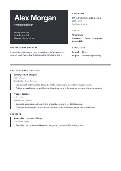 Noir resume template, first PDF page