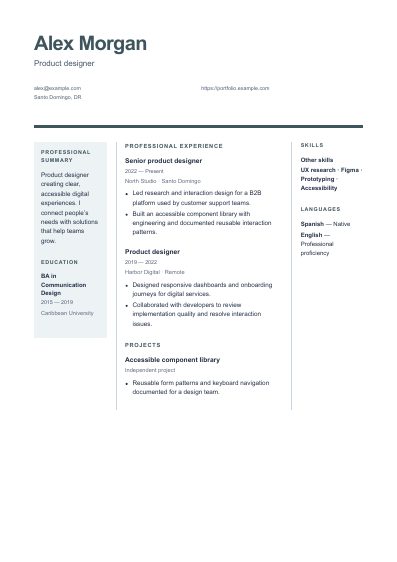 Nordic resume template, first PDF page