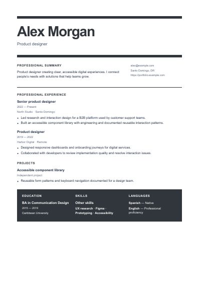 Obsidian resume template, first PDF page