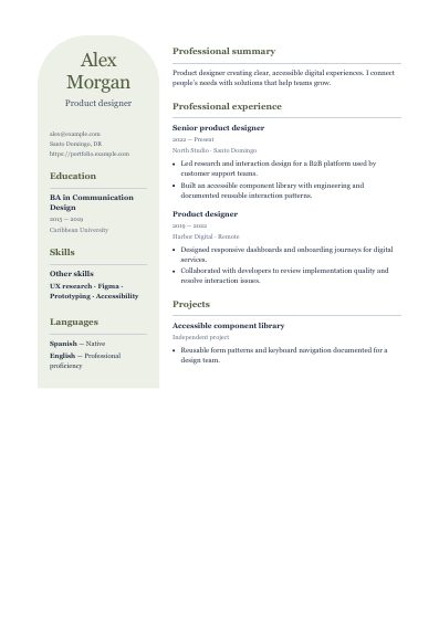 Olive resume template, first PDF page