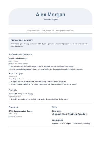 Opal resume template, first PDF page