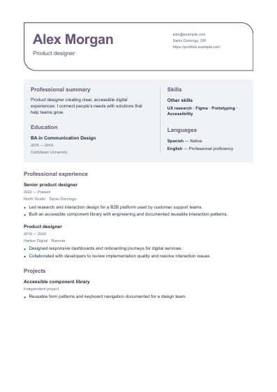 Quartz resume template, first PDF page