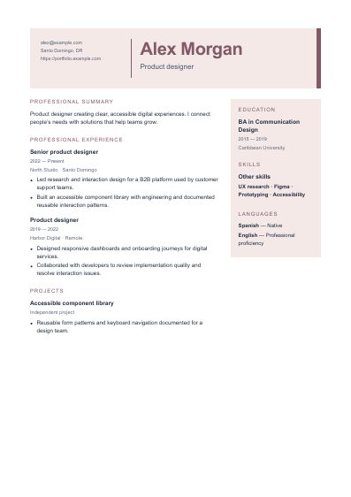Rosewood resume template, first PDF page