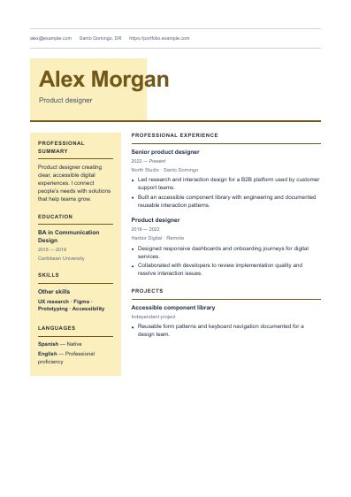 Saffron resume template, first PDF page