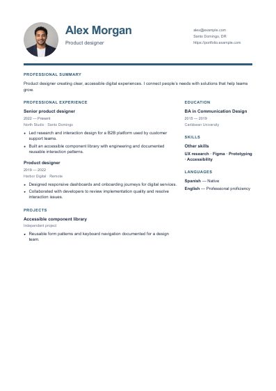 Santo Domingo resume template, first PDF page