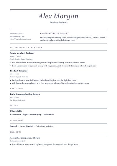Sonata resume template, first PDF page