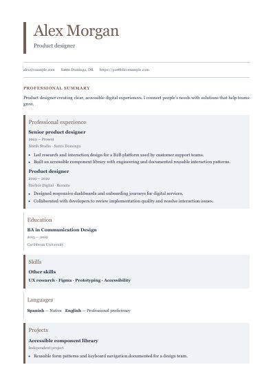 Stanza resume template, first PDF page