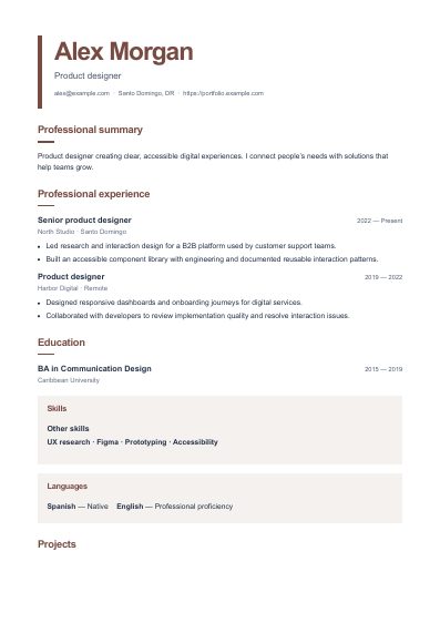 Studio resume template, first PDF page