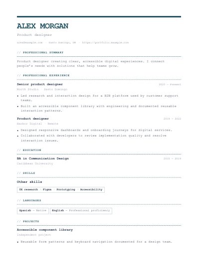 Technical resume template, first PDF page