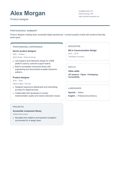 Tessera resume template, first PDF page